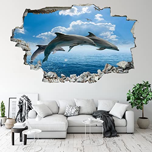 Dolphin Wall Decals Art 3D Smashed Sky Removable Wall Stickers Sea Life Wall Mural Bedroom Garage Removable Vinyl For Girls Kids Bedroom Nursery Home Decor Gift 26"W X 18"H #TOP3