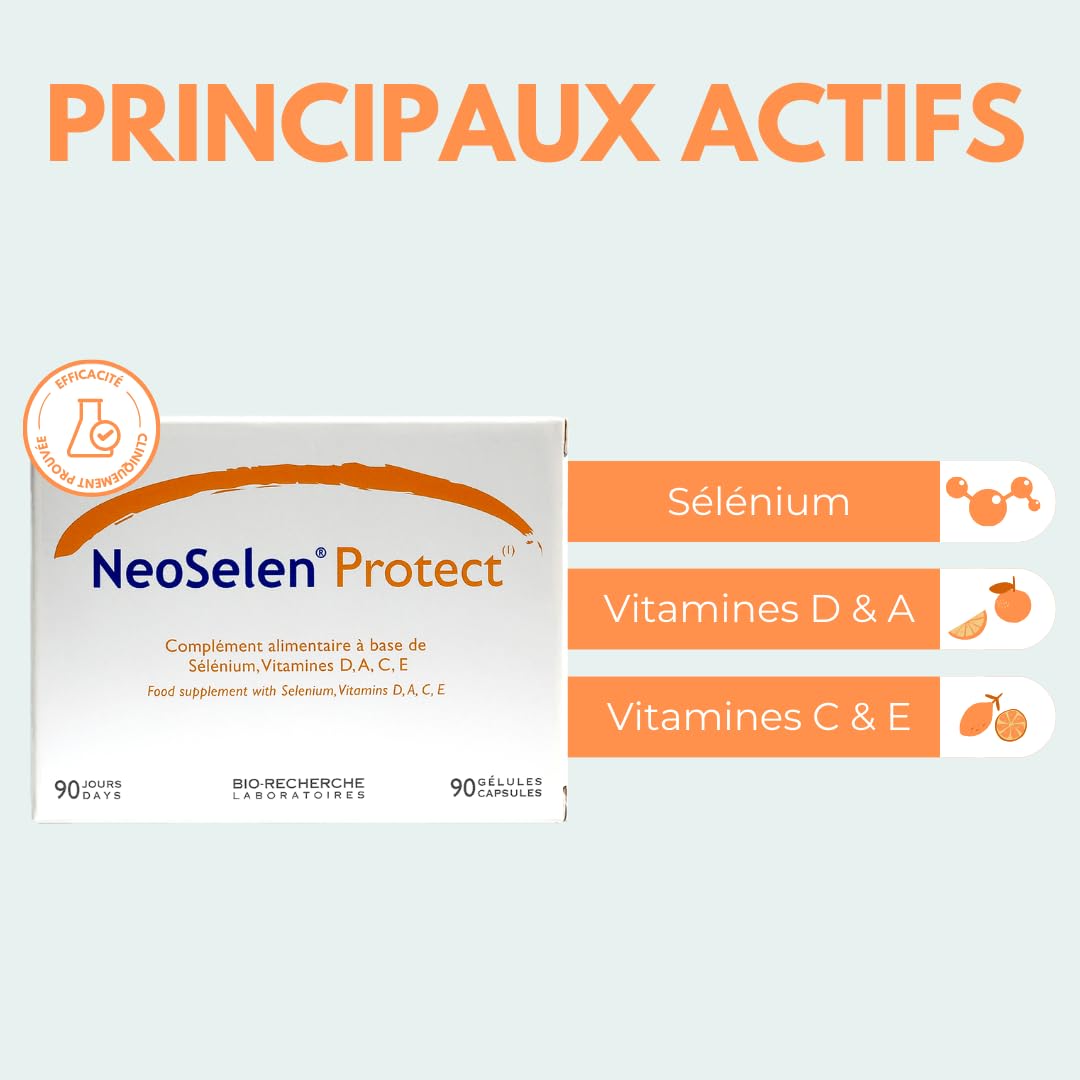 NeoSelen Protect • Complément alimentaire • Protection et Antioxydants • Sélénium et Vitamines A,C,E et D • Stimule les défenses immunitaires • Cure de 3 mois / 90 gélules (1/j) • Made in France