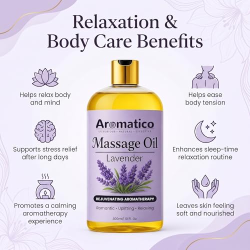 Image of AROMATICO Lavender Relaxing Massage Oil - Body Massage Oil with Almond, Jojoba & Sesame for Stress Relief, Better Sleep & Full Body Care | 300ml