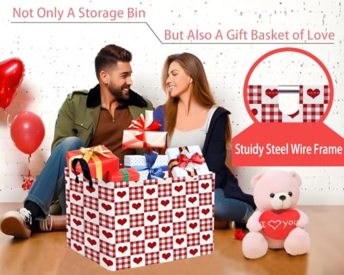 Image of Large Valentine's Day Basket Heart Shaped Storage Bin for Gifts Collapsible Organizer Room Decor (Grid Love)