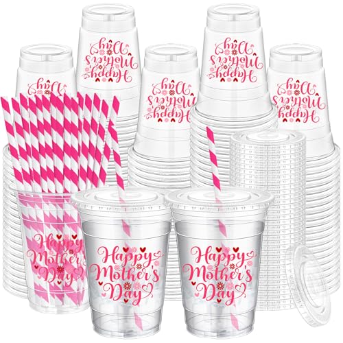 Willinglong 50 Pcs Happy Mother's Day Cups Bulk 16 oz Disposable Clear Plastic Drinking Cup with Lid and Straw Mothers Day Drinkware for Mom Mother's Birthday Party Supplies Decorations