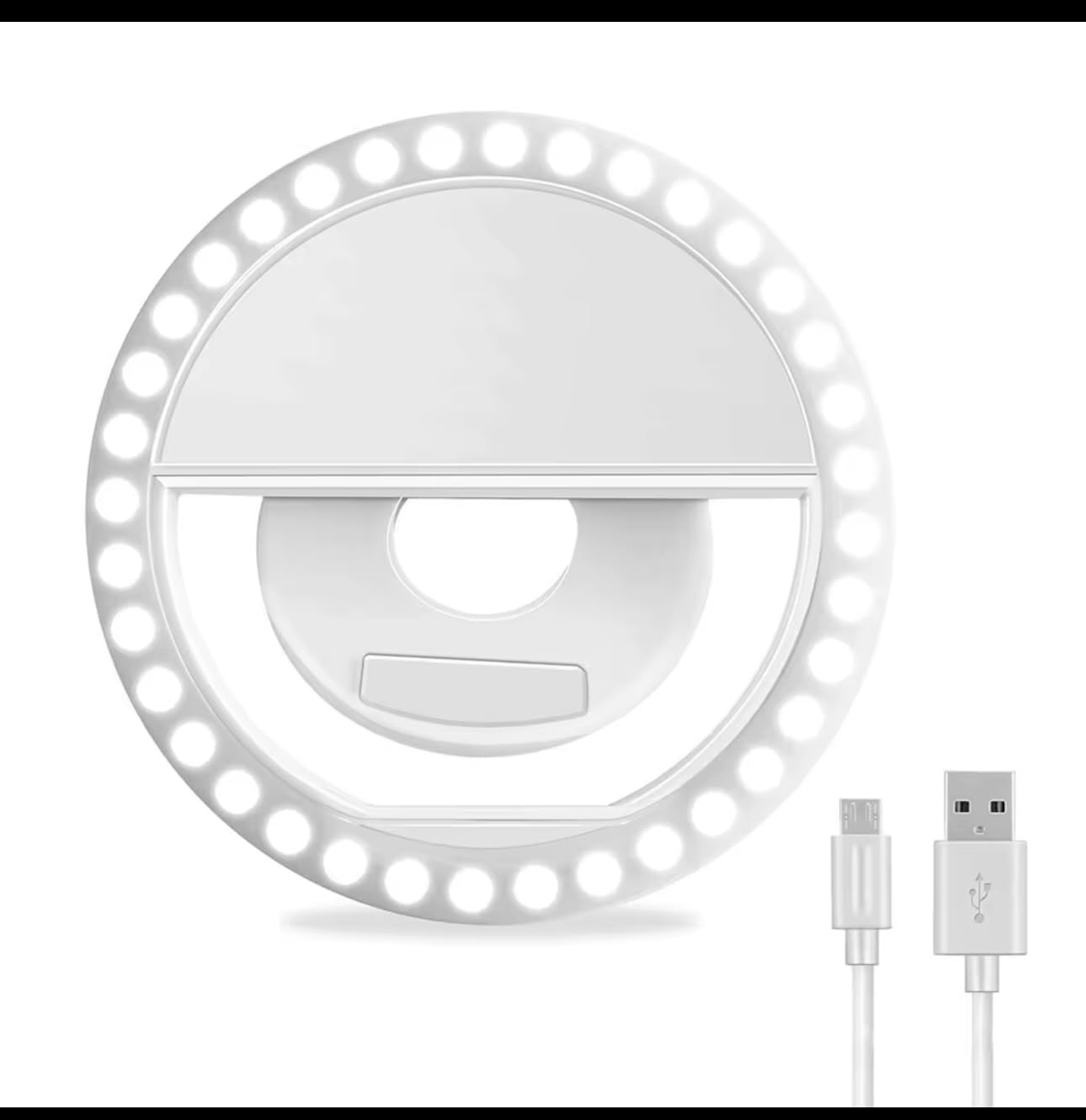 White LED Selfie Ring Light, Rechargeable Clip-on Phone Light, 3 Brightness Levels, USB Charging
