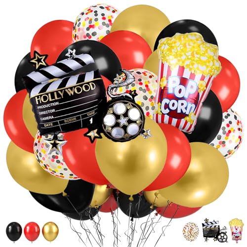 37 Pièces Ballons Anniversaire, Latex Ballon Rouge Noir Doré, Pop Corn Ballons en Aluminium, Thème Cinéma Ballon Helium pour Anniversaire Baby Shower Thème Cinéma Fête (B)