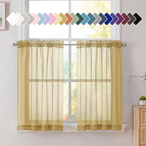 Image of Simplebrand Gold Short Sheer Kitchen Cafe Curtains 36 x 36 Inch, 2 Panels