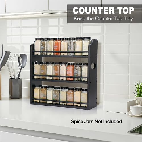 Image of 3-Tier Bamboo Spice Rack, Wall Mount & Countertop Spice Organizer | Seasoning Jars Rack Shelf Spice Organizer for Kitchen, Spice Storage Holder with handles, Front and Rear Protective Design
