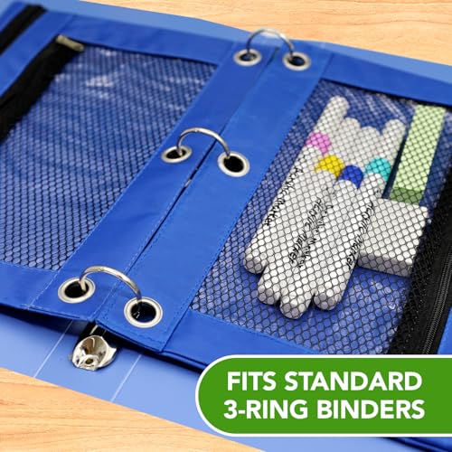 Image of Pencil Pouch for 3 Ring Binder, Heavy Duty Canvas Dual Zipper Pen Bag with Clear Window, Smooth Metal Zipper, Fit Standard 3-Ring Binders for School Office Travel Supplies (Blue)