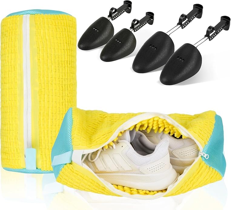 Shoe Washing Machine Bag with 4 Shoe Trees Sneaker Laundry Bags for Washer & Dryer 360 Protective Mesh Cleaning Bag with Self-Locking Zipper and Safely Wash in Washing Machine