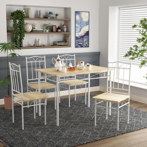 Miniatura 9 de Ipotius Juego De Comedor Mesa Y 4 Sillas, Mesa Y Sillas De Comedor De Madera Veteada Con Estructura De Metal, Blanco, Para Comedor, Cocina Y Salón