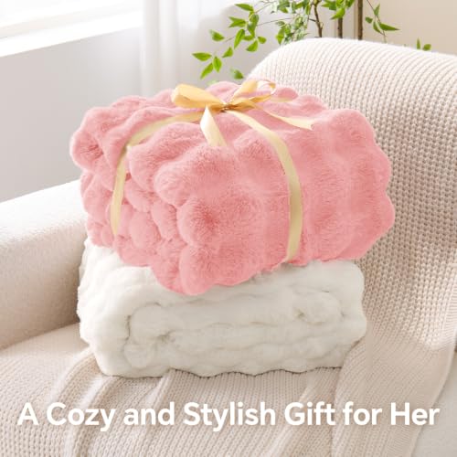 Image of BEDELITE Faux Fur Throw Bubble Blanket for Couch, 50 inch x 60 inch, Light Pink