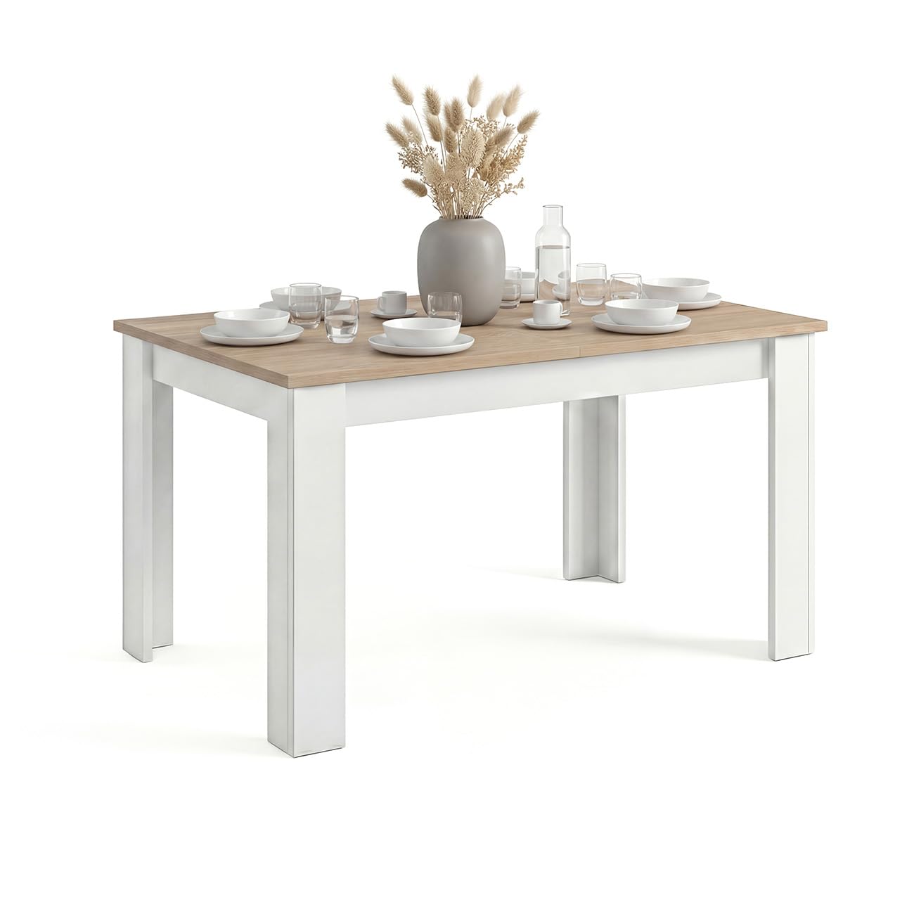 duehome | Mesa de Comedor Extensible, Mesa Rectangular, Modelo Sira, Acabado en Blanco Artik y Roble Canadian, Medidas: 123-173 cm (Largo) x 75 cm (Ancho) x 78 cm (Alto)