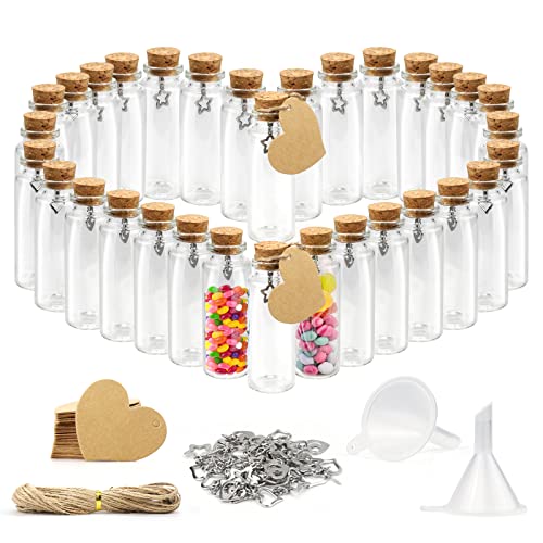 32 x Petite Bouteille en Verre 40ml Tube a Essai Verre pour Les Mariages Petite Fiole en Verre Contenant Dragées Verre Set Bouteilles de Souhaits en Verre à Message pour cadeaux de fête
