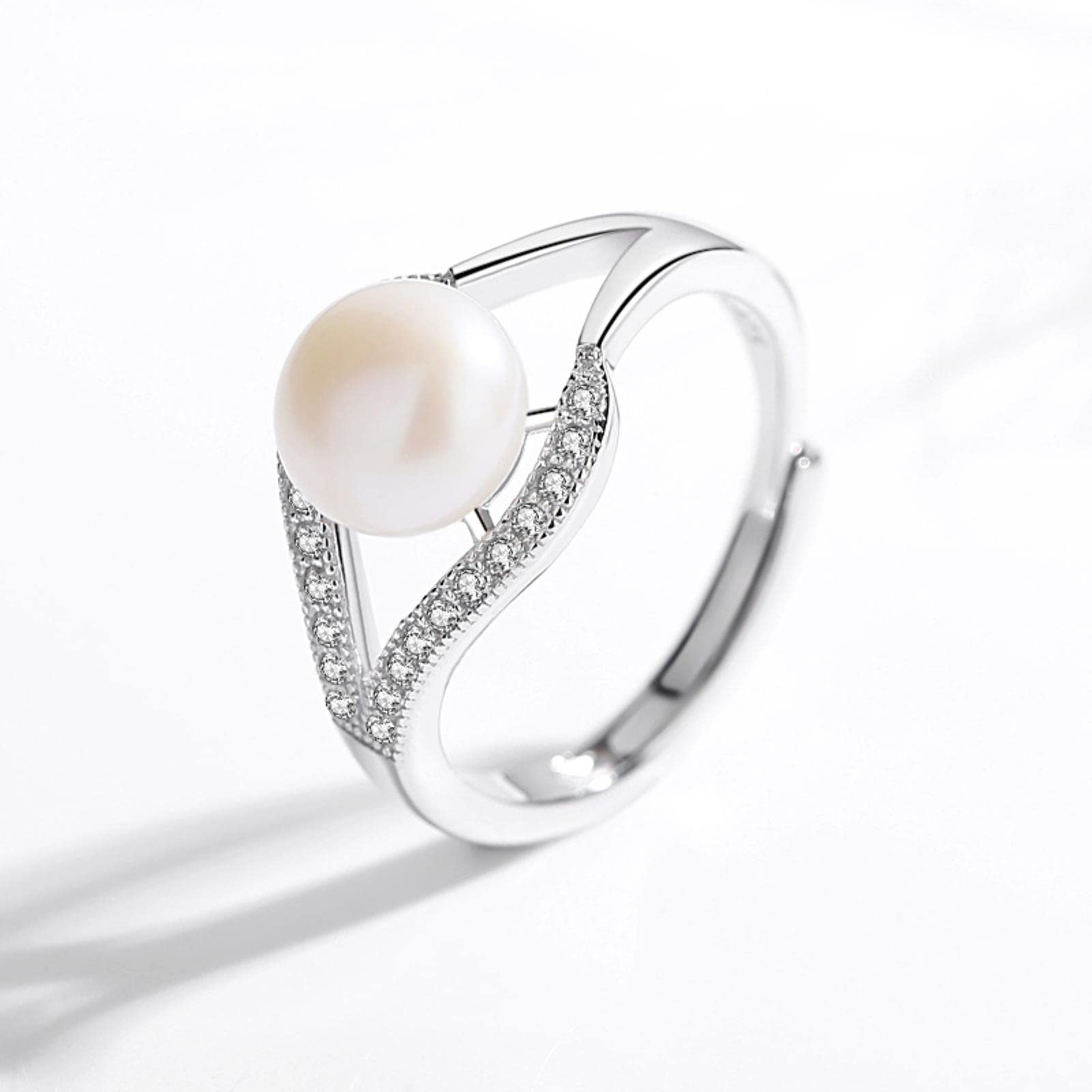 Daomei Women's Silver 8Mm Natural Freshwater Pearl Rings For 925 Sterling Stones Ringlet Adjustable Weddings Jewelry