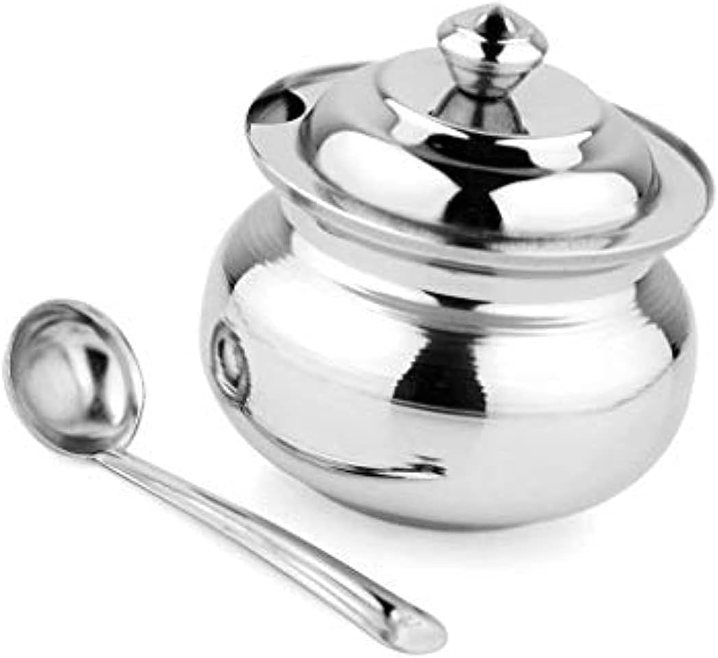 KC Hilites Stainless Steel Ghee Pot/Jar With Spoon- 300Ml, 1 Piece, Silver, Blue-Violet