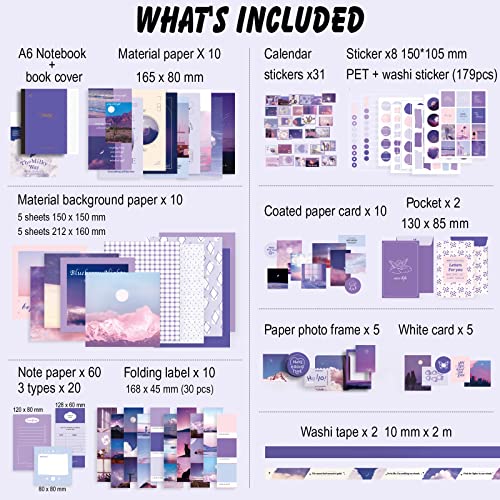 Image of Vintage Aesthetic Scrapbook Kit(346pcs), Scrapbooking Supplies Kit with Bullet Junk Journal, Stationery, A6 Grid Notebook with Graph Ruled Page DIY Journaling Gift for Teen Girl Kid Women, Purple