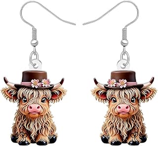 Aretes colgantes de vaca de las tierras altas de acrílico de dibujos animados, regalos escoceses para mujeres, lindos aretes de ganado, accesorios de joyería para amantes de los animales de granja