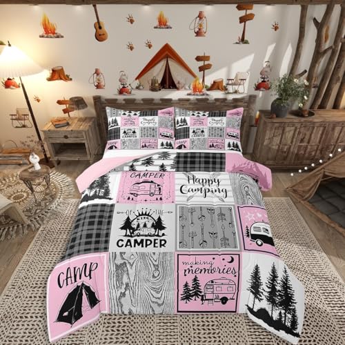 Erosebridal Girls Pink Camper Bedding Set Queen Happy Camping Comforter Set Rv Decor for Inside,Camper Accessories for Travel Trailers Comforter,Black Grey Buffalo Plaid Pine Tree Arrow Quilt