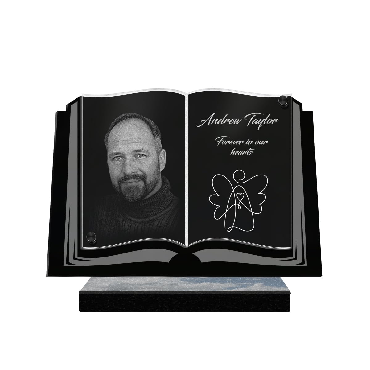 ETERNEL - Personalized Funeral Plaque Abstract Angel Book Customizable Photo and Text, laser-engraved funeral plaque for tribute, cemetery plaque, tombstone, ceremony, burial