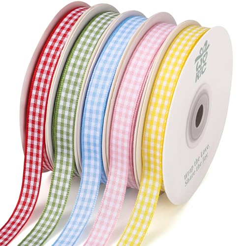 woric 5 Color Gingham Ribbon 3/8 X 50 Yd Plaid Ribbons Craft Ribbons Buffalo Checker Ribbon for Crafts Picnic Decor Sewing Projects Hair Bows Baby Shower Birthday Gift Wrapping