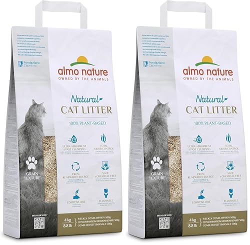 Almo Nature Natural Arena para Gatos - 100% Vegetal, Biodegradable y Compostable - Aglomerante Ultra Rápida, Alto Control de Olores - No se Pega a Las Patas - 4 kg (Paquete de 2)