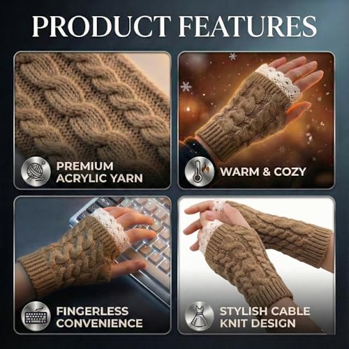 Image of Kraptick Women's Cable Knit Fingerless Gloves - Winter Arm Warmers with Elegant Lace Trim & Thumb Hole - Soft Woolen Thermal Half Finger Mittens for Typing, Driving & Office Work (Free Size, khaki)-1