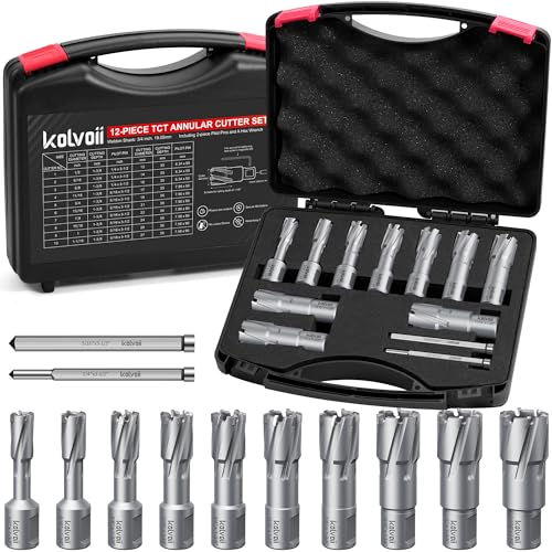 Image of Kolvoii 12-Piece TCT Annular Cutter Set, 1-3/8" Depth of Cut, 3/4" Weldon Shank Carbide Tipped Mag Drill Bit Kit (1/2" to 1-1/16") for Steel Iron & Metal, with Hard Case, Pilot Pins & Hex Wrench