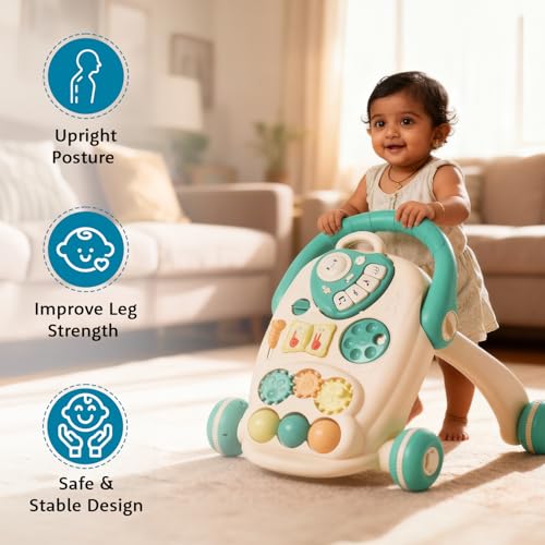 Image of Amazon Brand - Supples Baby Walker with Music, LED Lights & Handle | Push Activity Walker with Water /Sand Tank for Stability | Learning Toy for Toddlers 9+ Months | Beige & Sea Green