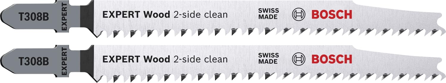 Bosch Professional 2 x Expert 'Wood 2-Side Clean' T 308 B Jigsaw Blade (for Plywood, Solid Wood Furniture Plate, Length 117 mm, Accessories Jigsaw)