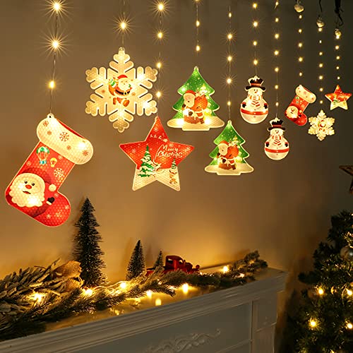 BLOOMWIN Christmas Curtain Lights 3m x 0.65m USB Window Lights Christmas Decor LED Fairy Lights String for Bedroom Indoor Hanging Lights Star Snowflake Snowman Xmas Tree Stockings Home Decorations