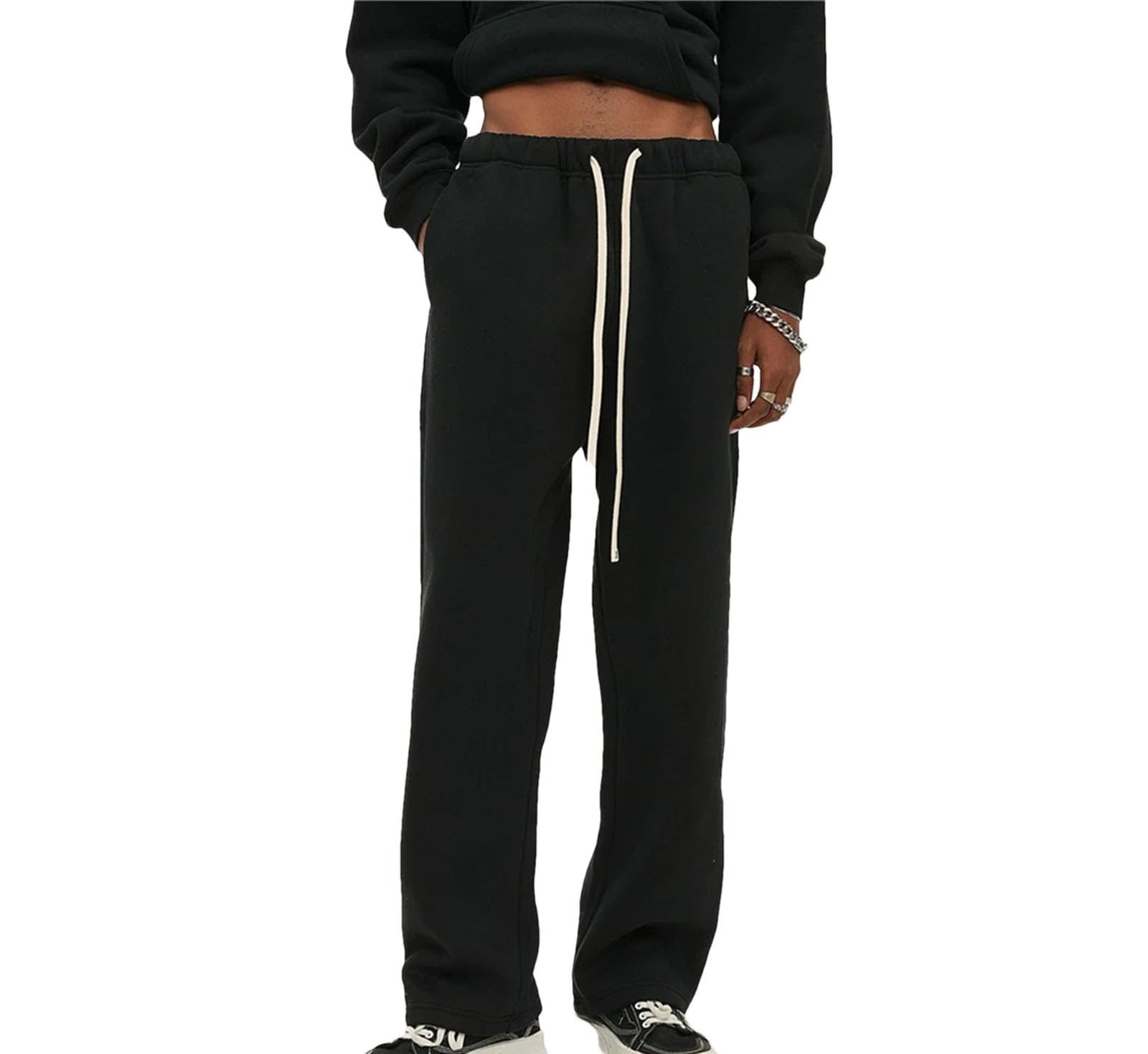 Dcvmvmn Mens Winter Solid Fleece Sweatpants Unisex Elastic Waist Jogger Pants Drawstring Jogger Trousers for Men Black