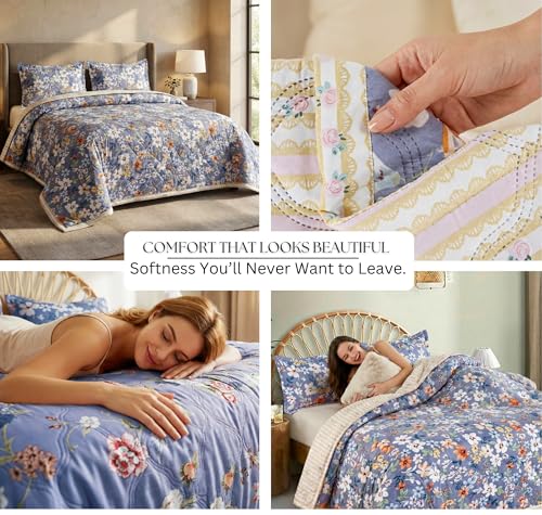 Image of BSB HOME All-Weather Embroidered Ultrasonic Quilted Thread Free 3 Pcs Comforter Set with Pillow Shams- Light Weight Bedspread /Duvet /Quilt - Double, 150 GSM | Sky Blue & White