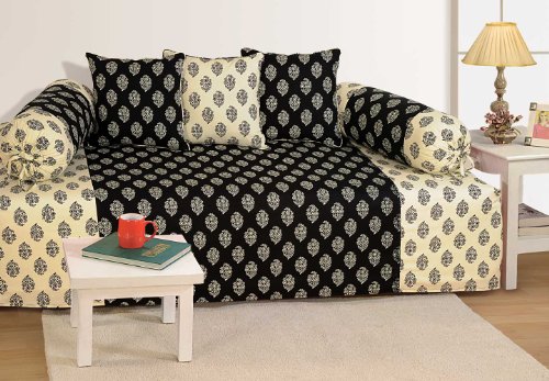 Image of Swayam 200TC Diwan Set Pure Cotton 6 Pcs | Deewan Motif Printed Bedsheet Set for Living Room Hall (1-Bed Sheet 60x90 Inch | 2-Bolster Cover 30x30 Inch | 3 Cushion Cover 16x16 Inch) - Beige & Black