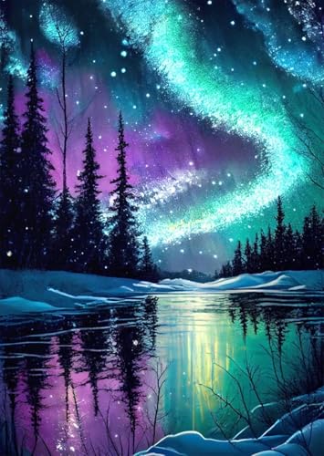 HKLIOPU Point de Croix Canevas kit complet adulte,11CT Debutant Broderie imprimé, Aurores boréales Paysage 30×40cm