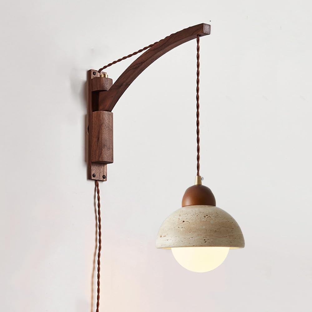 ITOSUI Mid Century Plug-in Wall Sconce Swing Arm - Adjustable Rustic Wood and Marble Reading Light for Bedroom, Living Room, and Farmhouse(C Style)