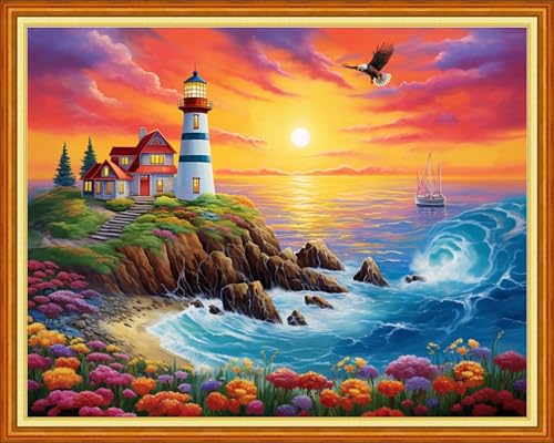 Image of Dooxvey Cross Stitch Kits for Adults Stamped Full Range of Embroidery Starter Kits for Beginners 11CT Printed Cross Stitch Patterns Needlepoint Kits Stamped Crossstitch-Seaside Lighthouse 16x20inch