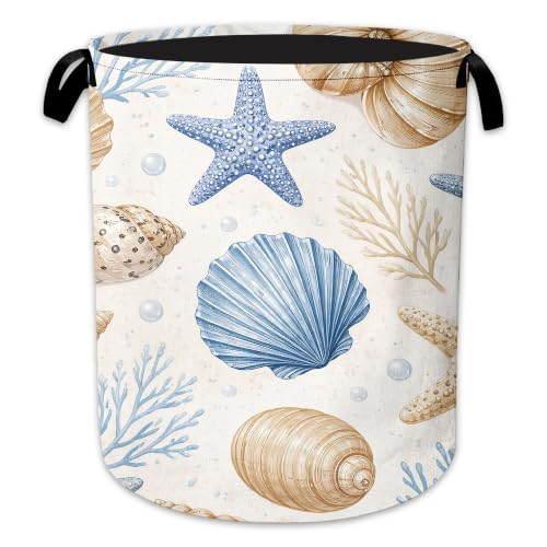 Image of Seashell Starfish Laundry Basket, Ocean Coastal Collapsible Laundry Hamper Waterproof Oxford Cloth With Handles, Clothes Storage Bucket For Bathroom /Bedroom 16 inch x 20.8 inch