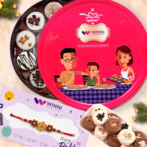Image of WINNI - Delightful Chocolate Cookies 30 Pcs With Tin Box + Rakhi | Rakhi Gift For Brother & Sister | Celebration Chocolate Cookies Gift Hamper | Rakhi Gift For Kids, Girls, Boys, Brother, Sister, Bhaiya, Bhabhi | Rakhi Gift Set | Dark Chocolate Pack | Choco Cookies Gift Bouquet | Luxury Return Gift Hamper