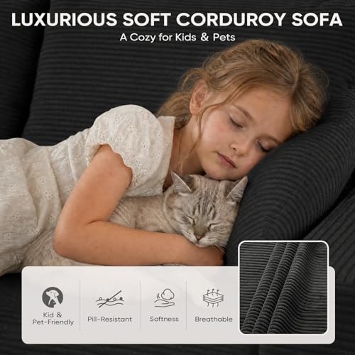 Image of Boneless Couch, 102.4 inch Sectional Couches for Living Room with L Shape Sofa | Cloud Couch Sectional with Chaise, Modular Cloud Sofa with Deep Seat, No Assembly, Black, Corduroy, Left Chaise