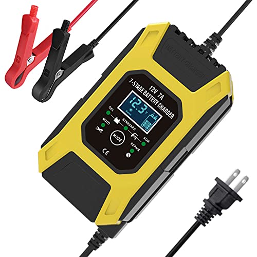 FOXSUR Automotive Battery Charger 12V/7A Car Battery Charger with LCD Display Portable Battery Charger Maintainer Pulse Repair Charger Pack for Car Lawn Mower Motorcycle Boat SUV and More yellow