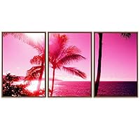 SIGNWIN Framed Canvas Wall Art Bright Pink Silhouettes Palm Trees by The Sea Coastal Ocean Photography Modern Art Panoramic Relax/Calm for Living Room, Bedroom, Office - 16