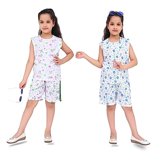 Image of SK Wardrobe Girls T-Shirt & Shorts Night Suit Set | Kids Cotton Sleepwear | Soft & Breathable Summer Nightwear | Comfortable Home Wear & Lounge Dress for Girls | Pack of 2