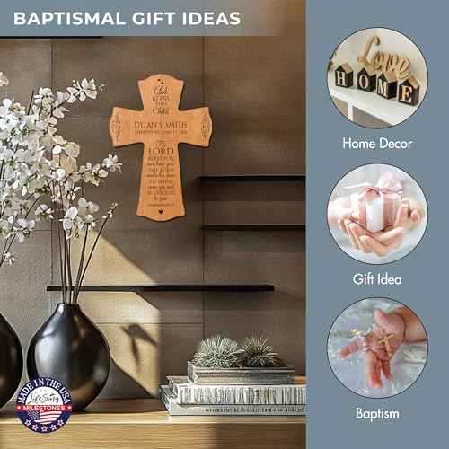 Image of LifeSong Milestones Personalized Baptism 1st Holy Communion Christening Wall Cross Decoration God Bless This Child the Lord Bless You and Keeps You (8.5 inch x 11 inch, Cherry)