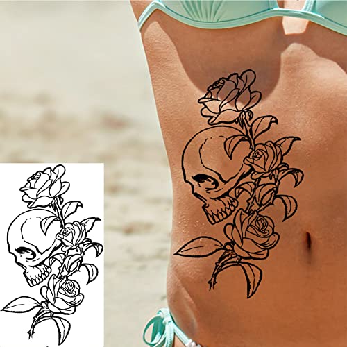 Briyhose 10 Sheets Skull Flower Realistic Temporary Tattoos For Women Arm, Sexy Large Rose Skull Snake Floral Fake Tattoos Sleeve Adult Girl, Black Skeleton Temp Tatoo Sticker Thigh Back Leg Body Art #TOP3