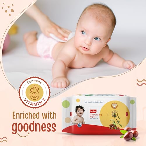 Image of LuvLap Moisturising Wet Wipes without Lid For Baby Skin, Enriched With Jojoba Oil & Vitamin E, pH Balanced, Dermatologically Safe, Paraben & Sulphate Free, 72 Wipes, pack of 12