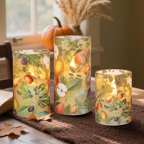 Image of Fall Decor Flameless Candles, Autumn Harvest Berries Led Candles, Glass Battery Candle with Remote Timer, Maple Leaves Pumpkin Pillar Candles for Harvest Festive,Thanksgiving, Halloween