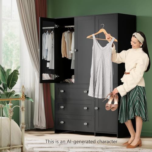 Image of VOWNER Armoire Wardrobe Closet with Drawers and Mirror, 71 inch Clothing Storage Cabinet with Hanging Rod, 4 Doors Wooden Wardrobe Cabinet for Bedroom, Large Capacity Storage