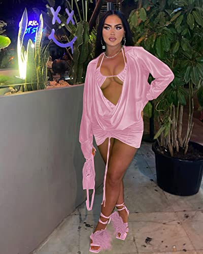 Image of Women's Sexy Long Sleeve Two 2 Pieces Outfits Sheer Mesh Mini Dress Skirt Set Top V Neck Backless Ruched Bodycon Cover Up
