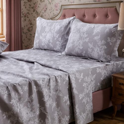 FADFAY Sheet Set Cal King Farmhouse Bedding Shabby Floral Vintage Gray Bedding 100% Cotton Super Soft Hypoallergenic Grey and White Deep Pocket Fitted Sheet 4-Pieces California King Size