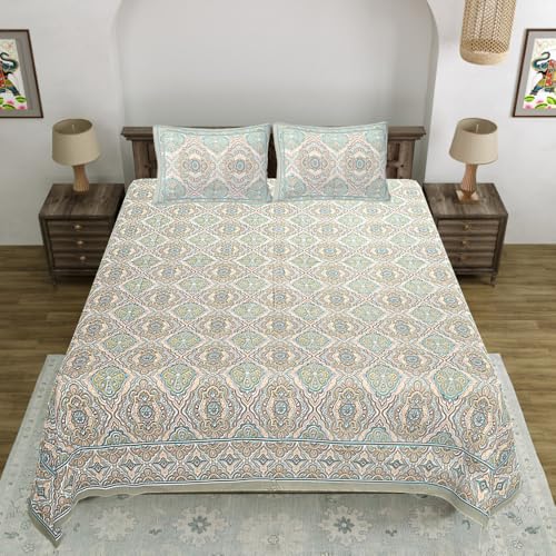 Image of Living Roots Jaipuri Hand Block Print Double Cotton Bedsheet & 2 Pillow Covers, for Mattress Upto 8 inches Thick, No Colour Bleeding, Green Colour, Super King Size 96 * 104 inches, 150TC (579-B)