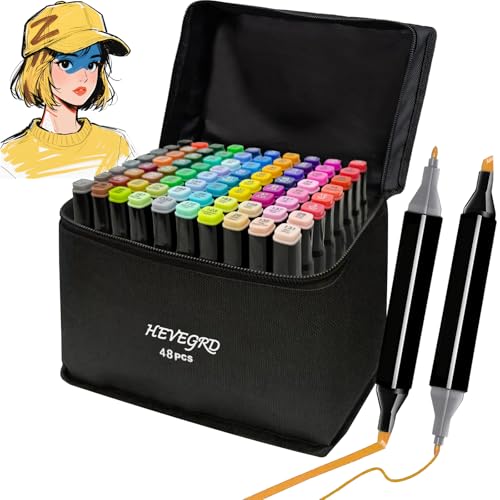 HEVEGRD 48 Colors Alcohol Markers Set, Dual Tips Blender Art Marker for Drawing Permanent Sketch Marker for adult coloring, Illustrations Alcohol Based Markers, Artist Pens