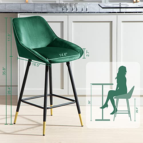 Counter Height Bar Stools Set Of 2,Velvet Bar Chairs Modern Premium Upholstered Kitchen Island Stools With Metal Foot For Kitchen,Cafe Dinner,Pub(Green,Set Of 2) #TOP2